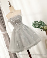 Gray Sweetheart Lace Tulle Short Semi Formal Prom Dress, Gray Cocktail Dress